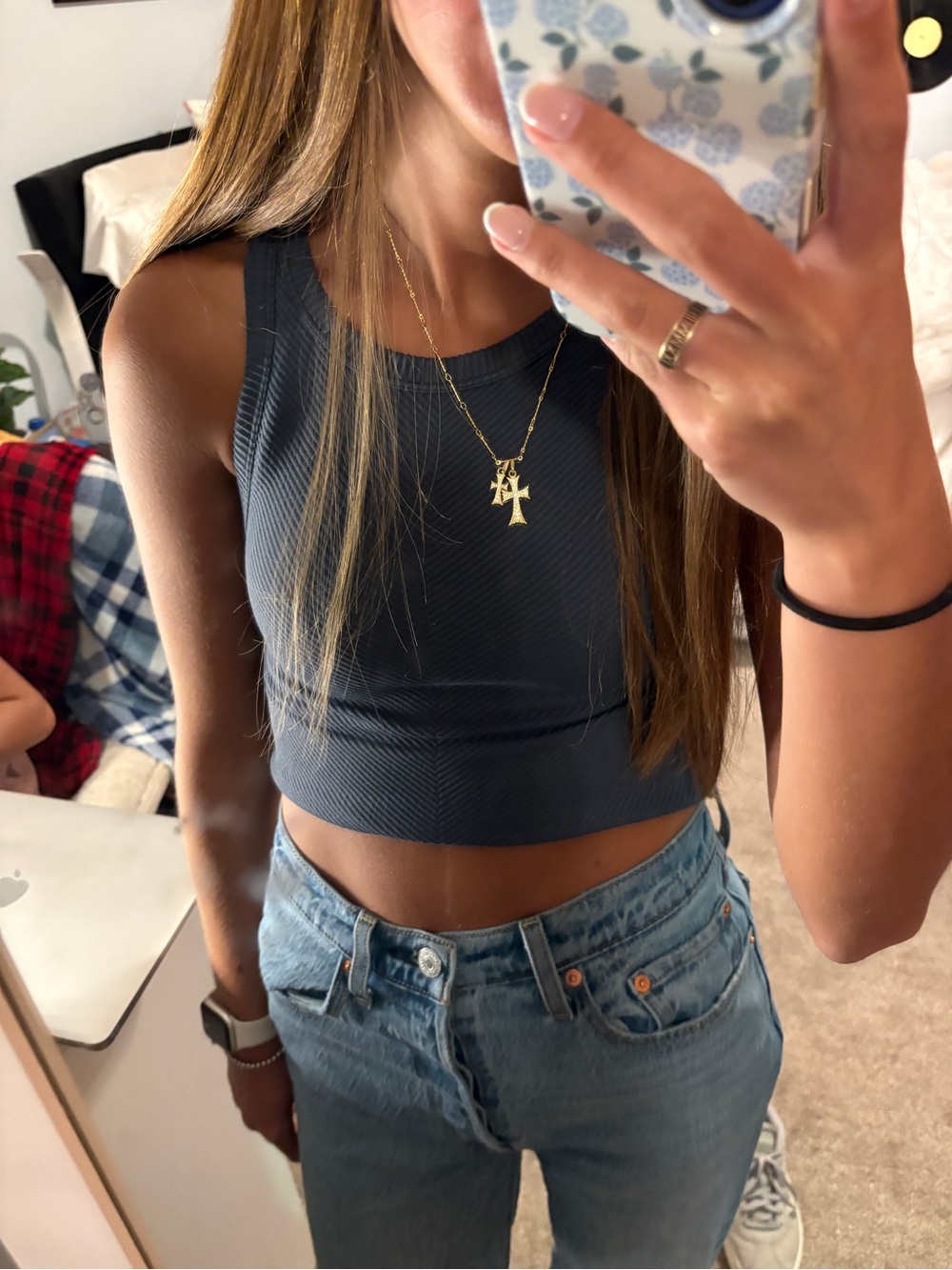 Women's navy Ribbed Crop Tank Top